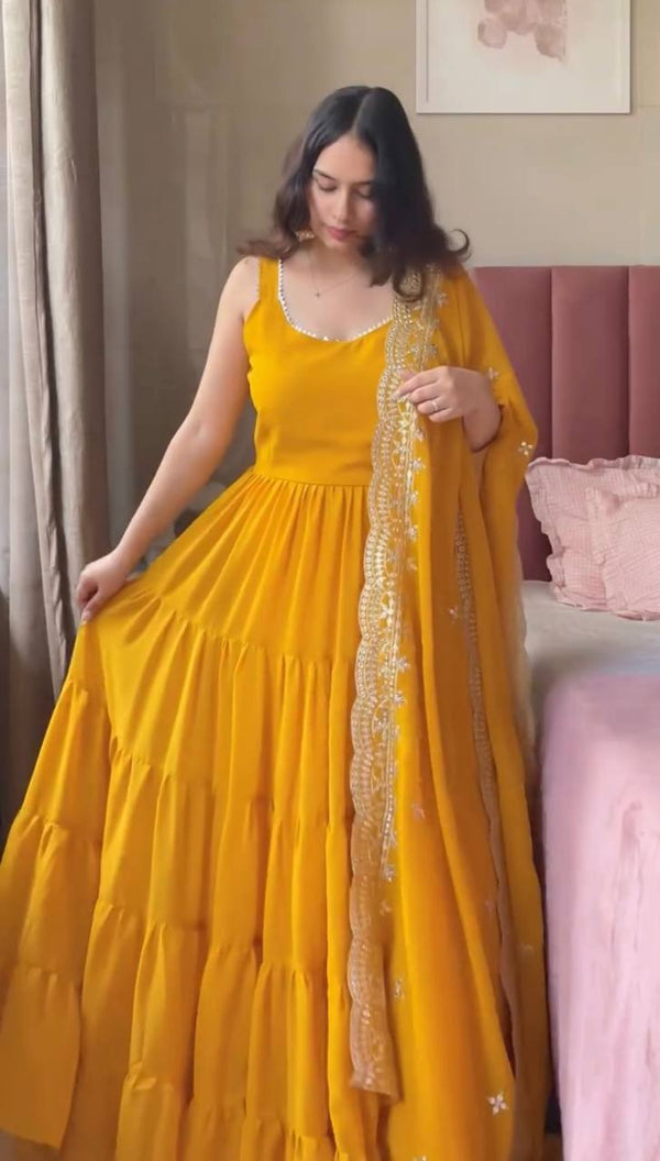 Stylish Yellow Color Lace Work Georgette Anarkali Gown