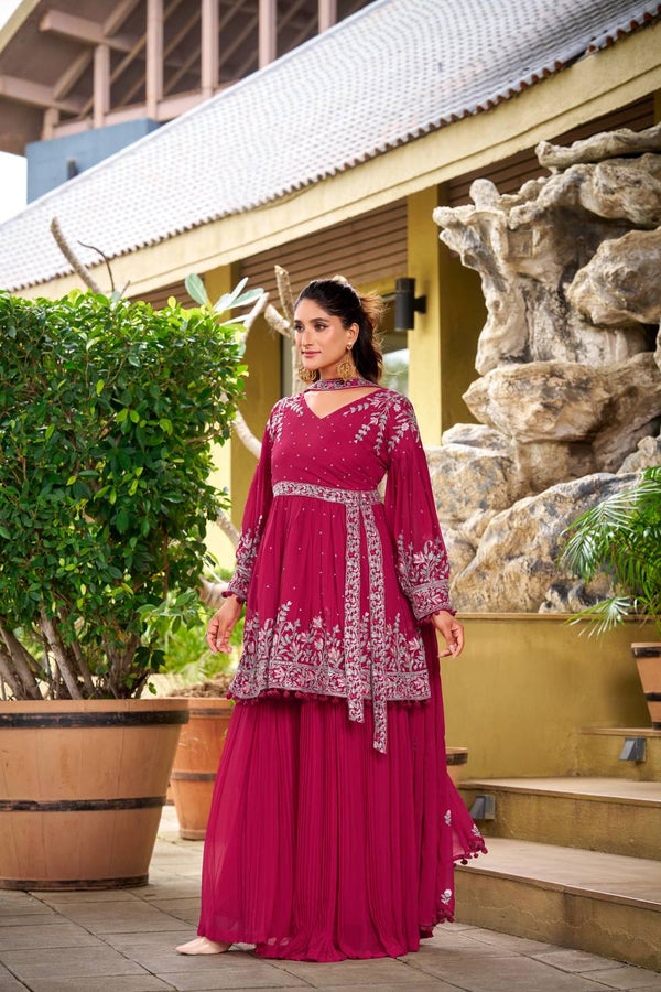 Lovely Pink Embroidery Work Georgette Palazzo Suit