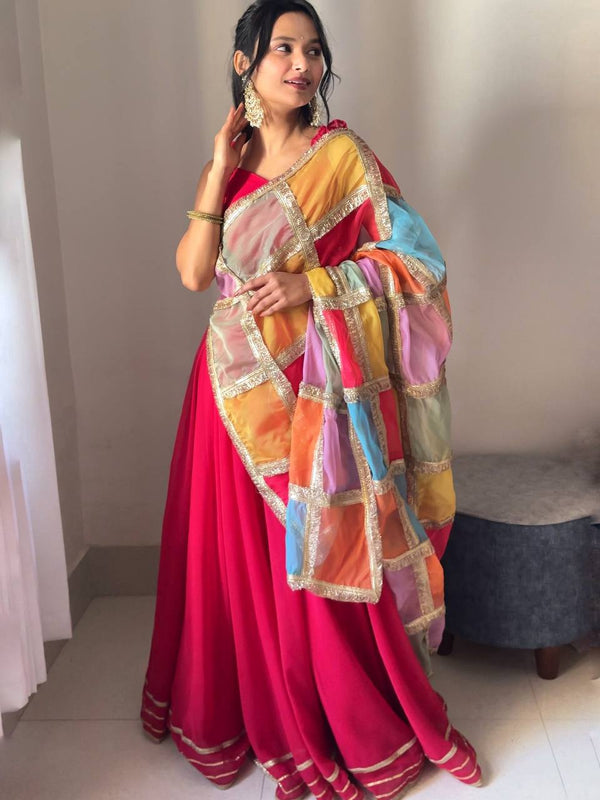 Stylish Red Fully Stitched Georgette Lehenga Choli