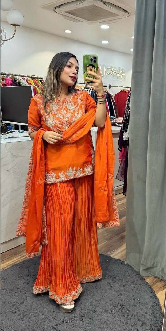 Glimmering  Chinnon Silk Sequence Work Orange Color Sharara Suit