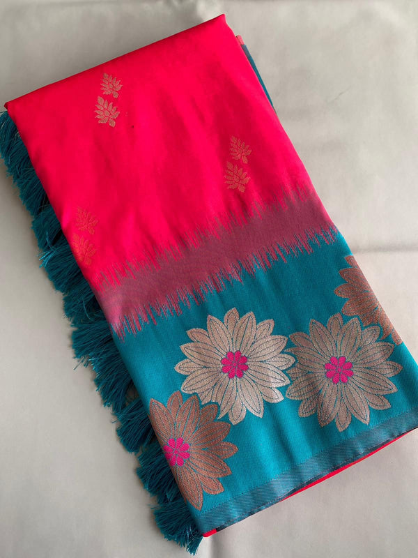 Lovely Floral Zari Weaving Border Pink Color Silk Saree