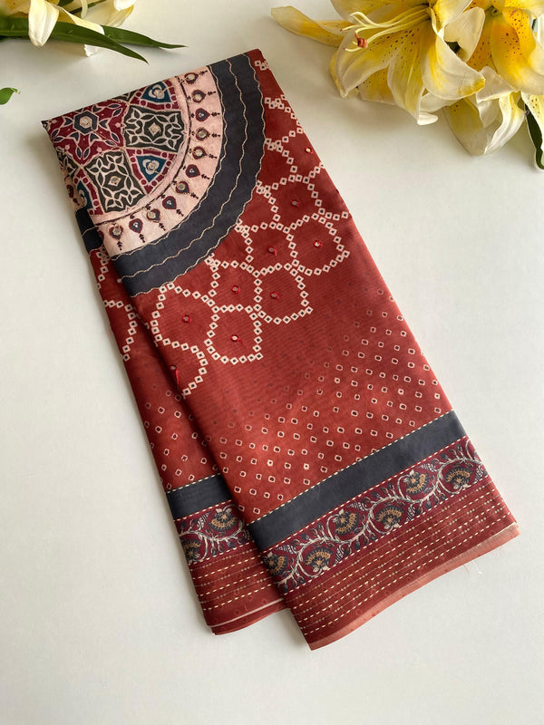 Delightful Bandhani Print With Work Red Color Saree