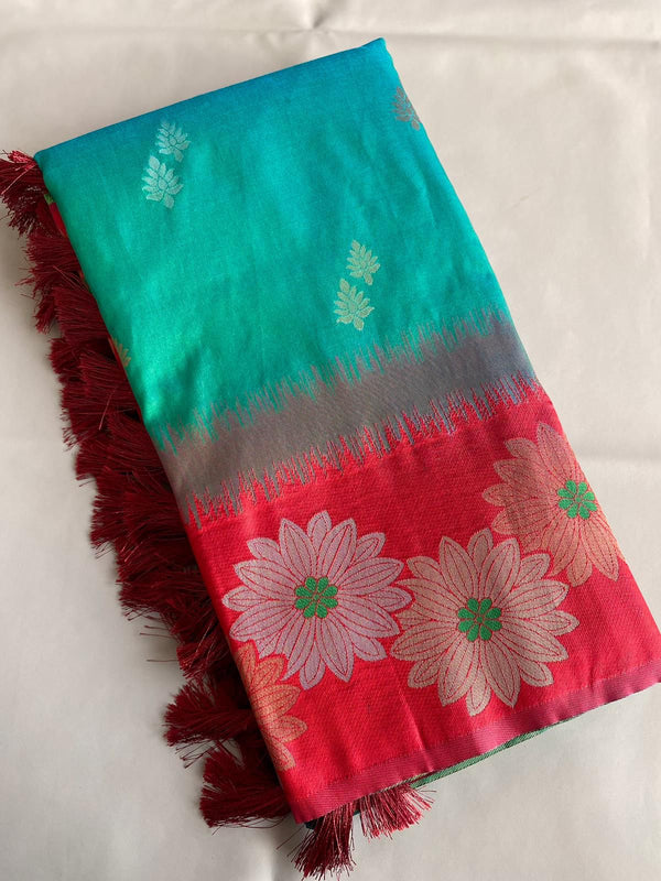 Lovely Floral Zari Weaving Border Rama Color Silk Saree