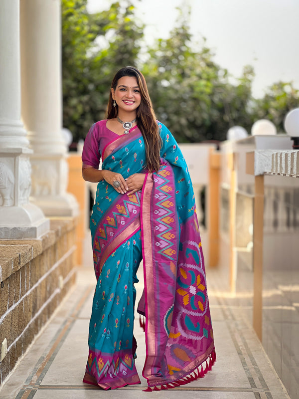 Sky Blue Color Patola Weaving Border Silk Saree
