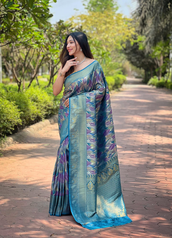 Wedding Wear Sky Blue Beautiful Border Design Saree