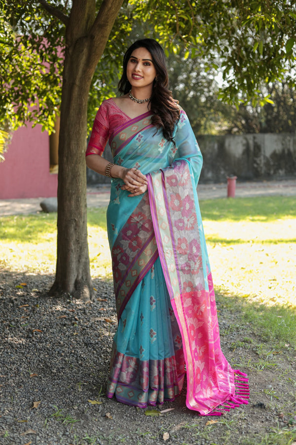 Festive Wear Sky Blue Color Designer Organza Saree