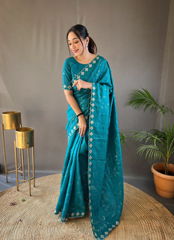 Ready To Wear Sequence With Cut Work Teal Blue Color Saree
