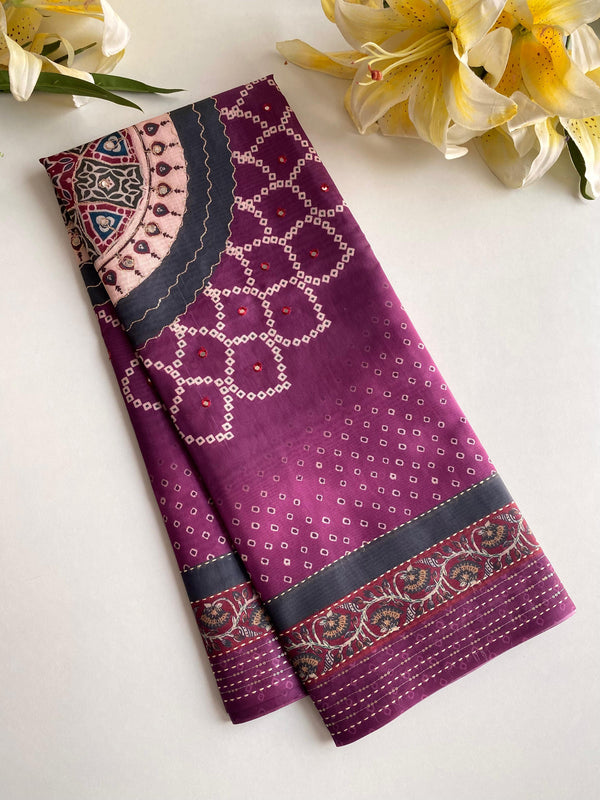 Delightful Bandhani Print With Work Wine Color Saree