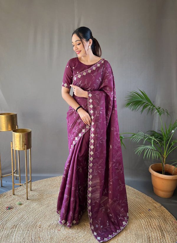 Ready To Wear Sequence With Cut Work Wine Color Saree
